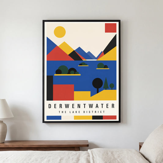 Derwentwater travel poster in a black frame, hanging in a bedroom3