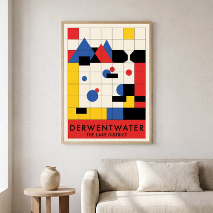 Derwentwater travel poster in a natural frame, hanging in a living