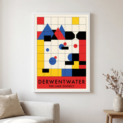 Derwentwater travel poster in a white frame, hanging in a living2