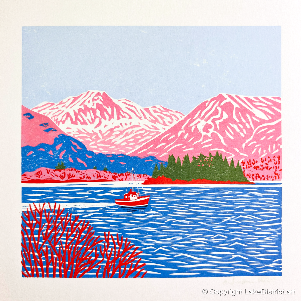 Derwentwater Boat and Pink Fells - lake district lake art print and canvas by Christopher Seaton A.I