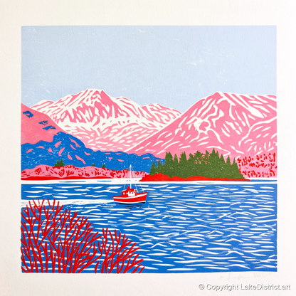 Derwentwater Boat and Pink Fells - lake district lake art print and canvas by Christopher Seaton A.I
