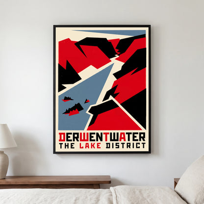 Derwentwater travel poster in a black frame, hanging in a bedroom3