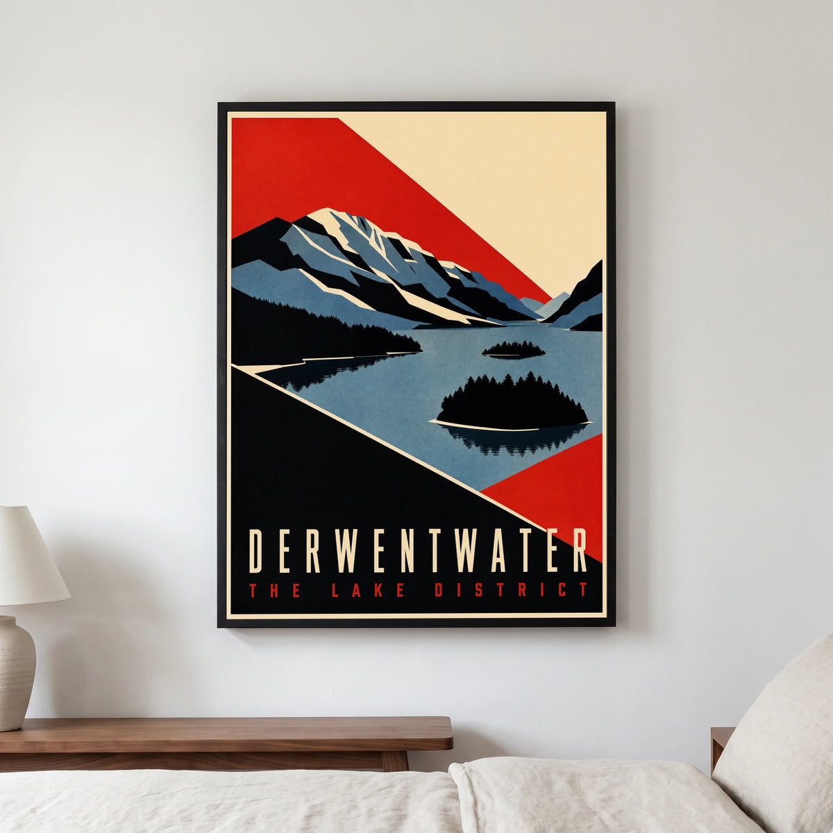 Derwentwater travel poster in a black frame, hanging in a bedroom3