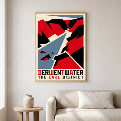 Derwentwater travel poster in a natural frame, hanging in a living