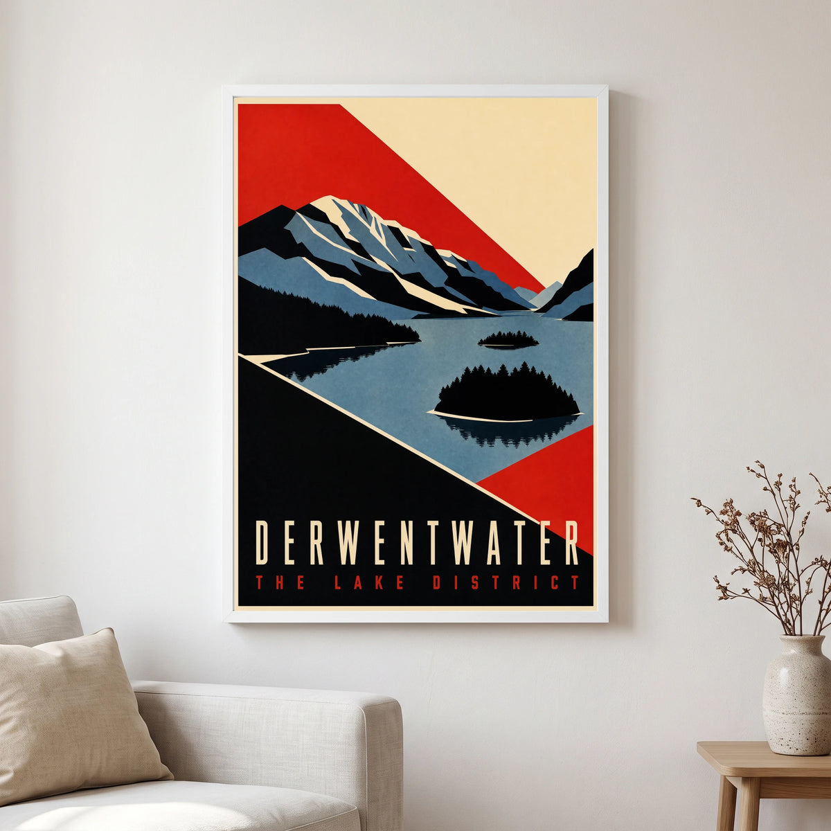 Derwentwater travel poster in a white frame, hanging in a living2