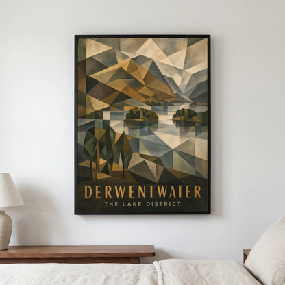 Derwentwater travel poster in a black frame, hanging in a bedroom3
