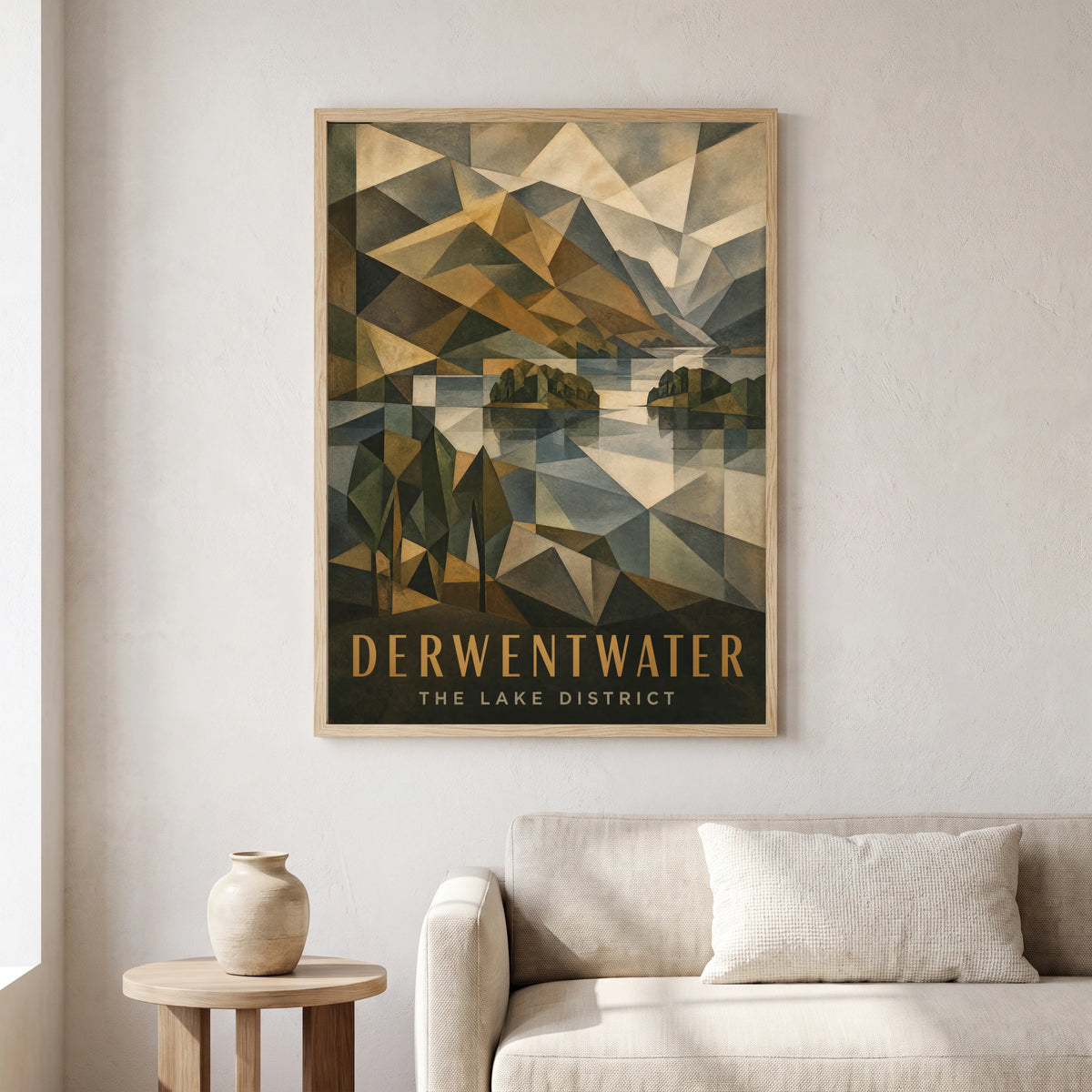 Derwentwater travel poster in a natural frame, hanging in a living