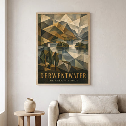 Derwentwater travel poster in a natural frame, hanging in a living