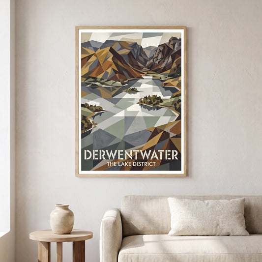 Derwentwater travel poster in a natural frame, hanging in a living