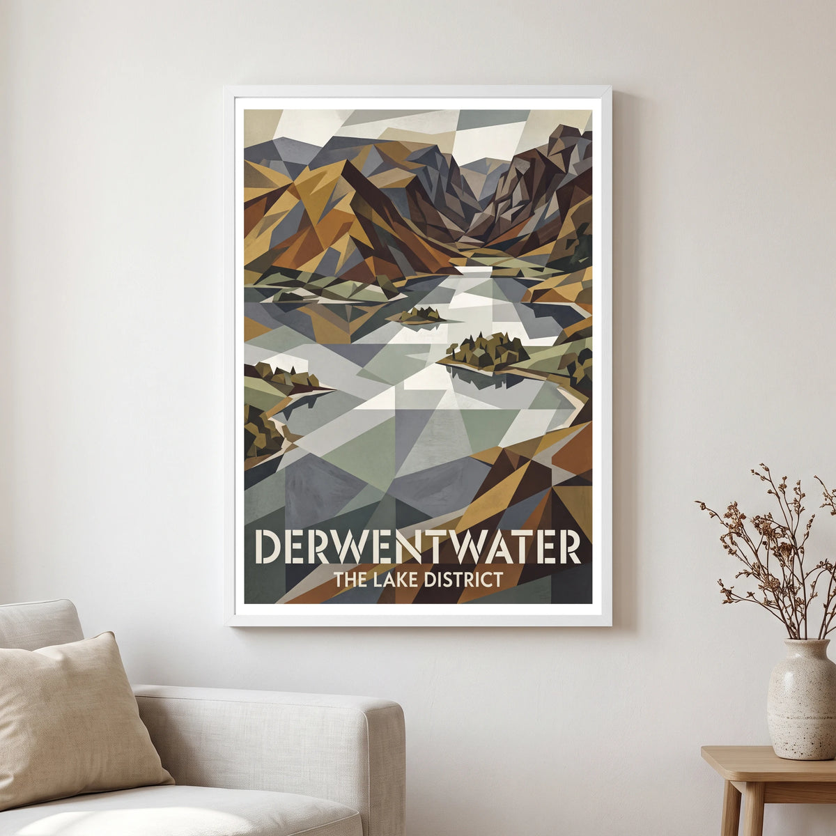 Derwentwater travel poster in a white frame, hanging in a living2