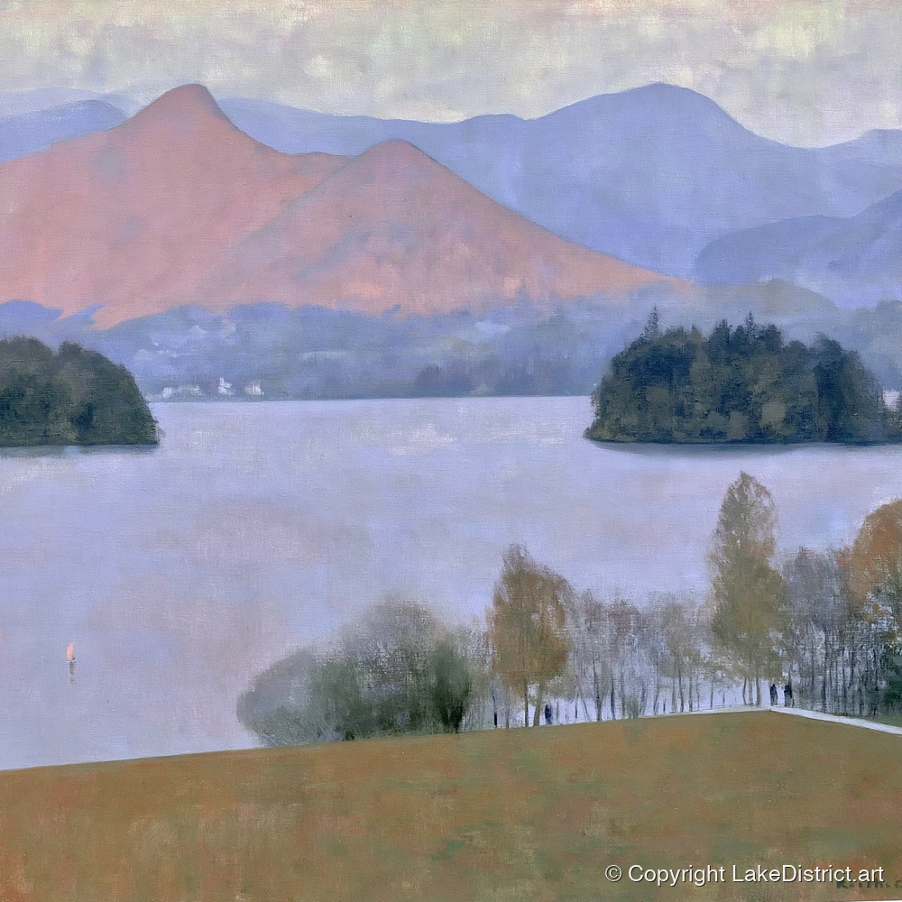 Derwentwater Dusk from Crow Park - lake district village art print and canvas by Alistair Thorne A.I
