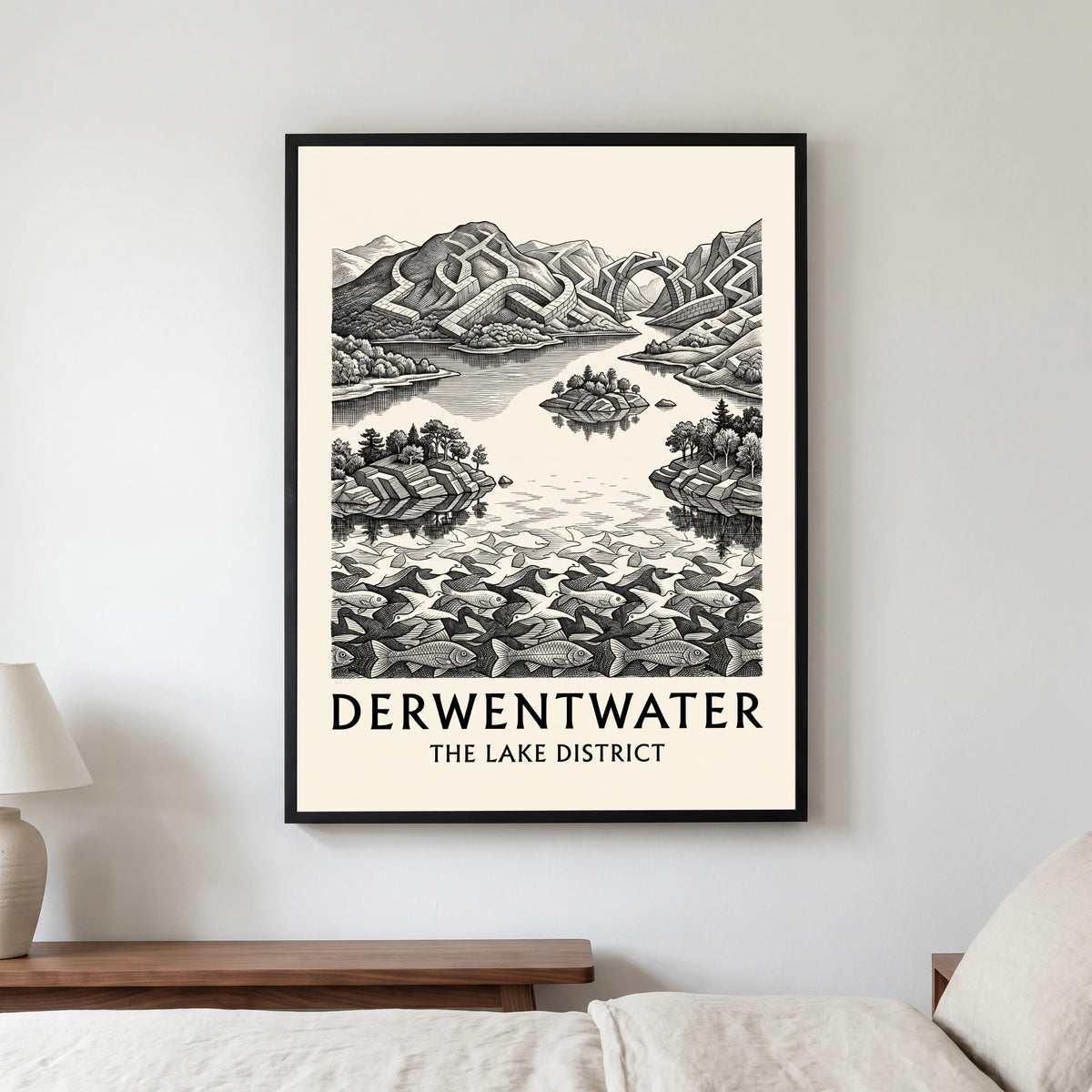 Derwentwater travel poster in a black frame, hanging in a bedroom3
