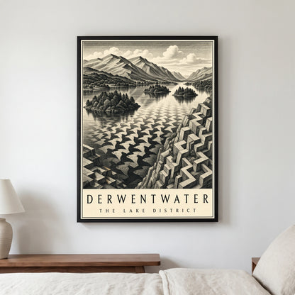 Derwentwater travel poster in a black frame, hanging in a bedroom3