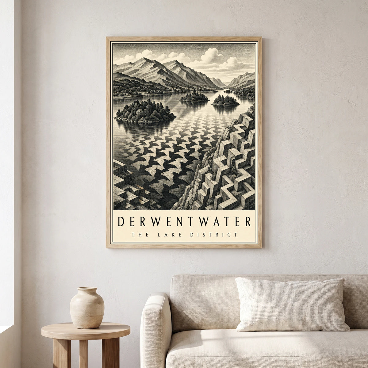 Derwentwater travel poster in a natural frame, hanging in a living