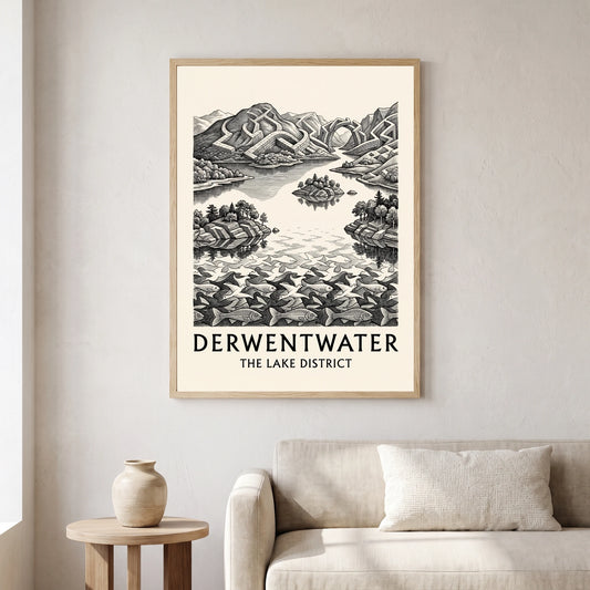 Derwentwater travel poster in a natural frame, hanging in a living
