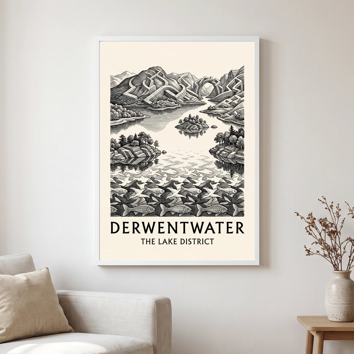 Derwentwater travel poster in a white frame, hanging in a living2