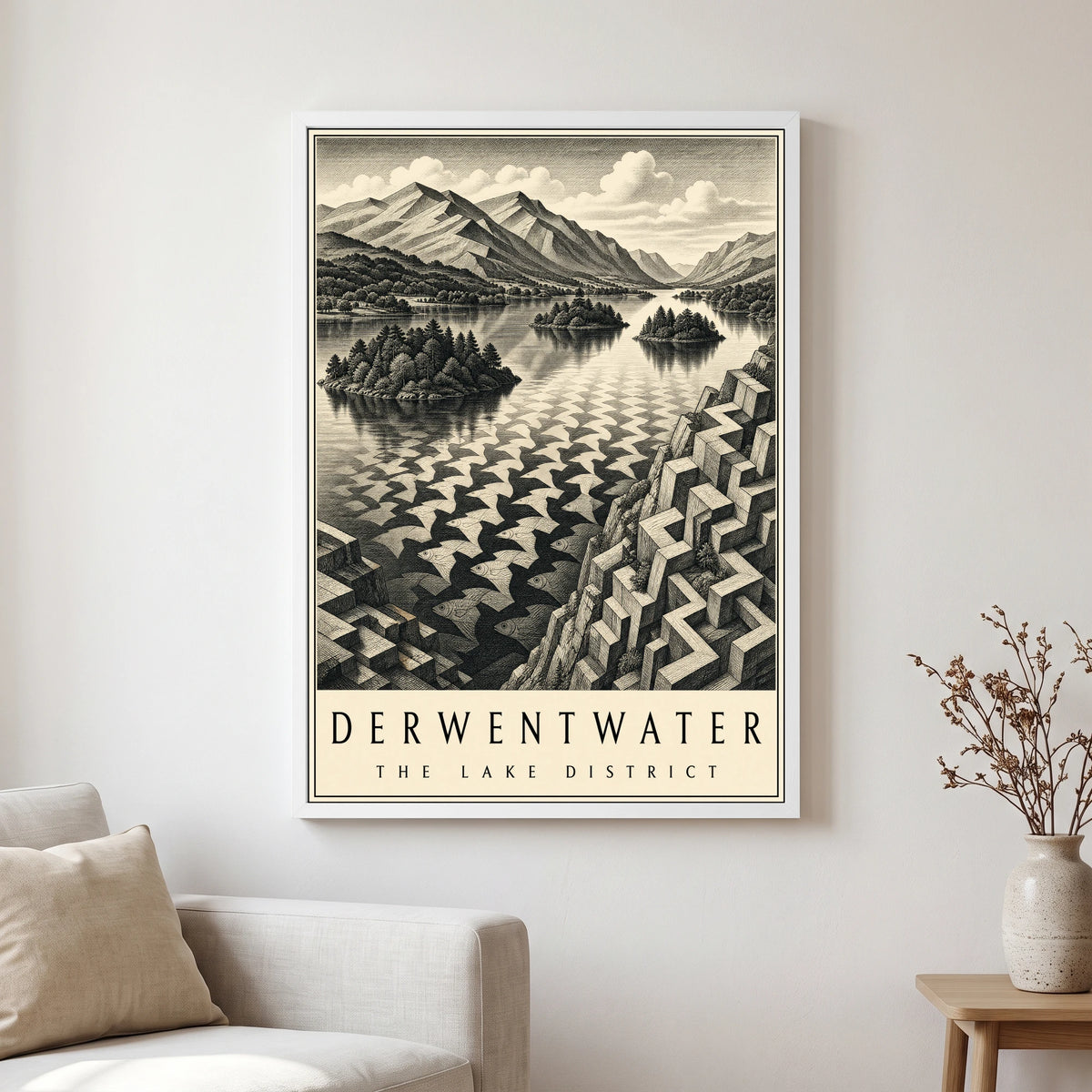 Derwentwater travel poster in a white frame, hanging in a living2