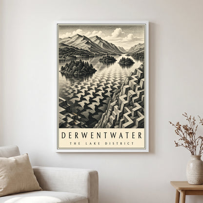 Derwentwater travel poster in a white frame, hanging in a living2