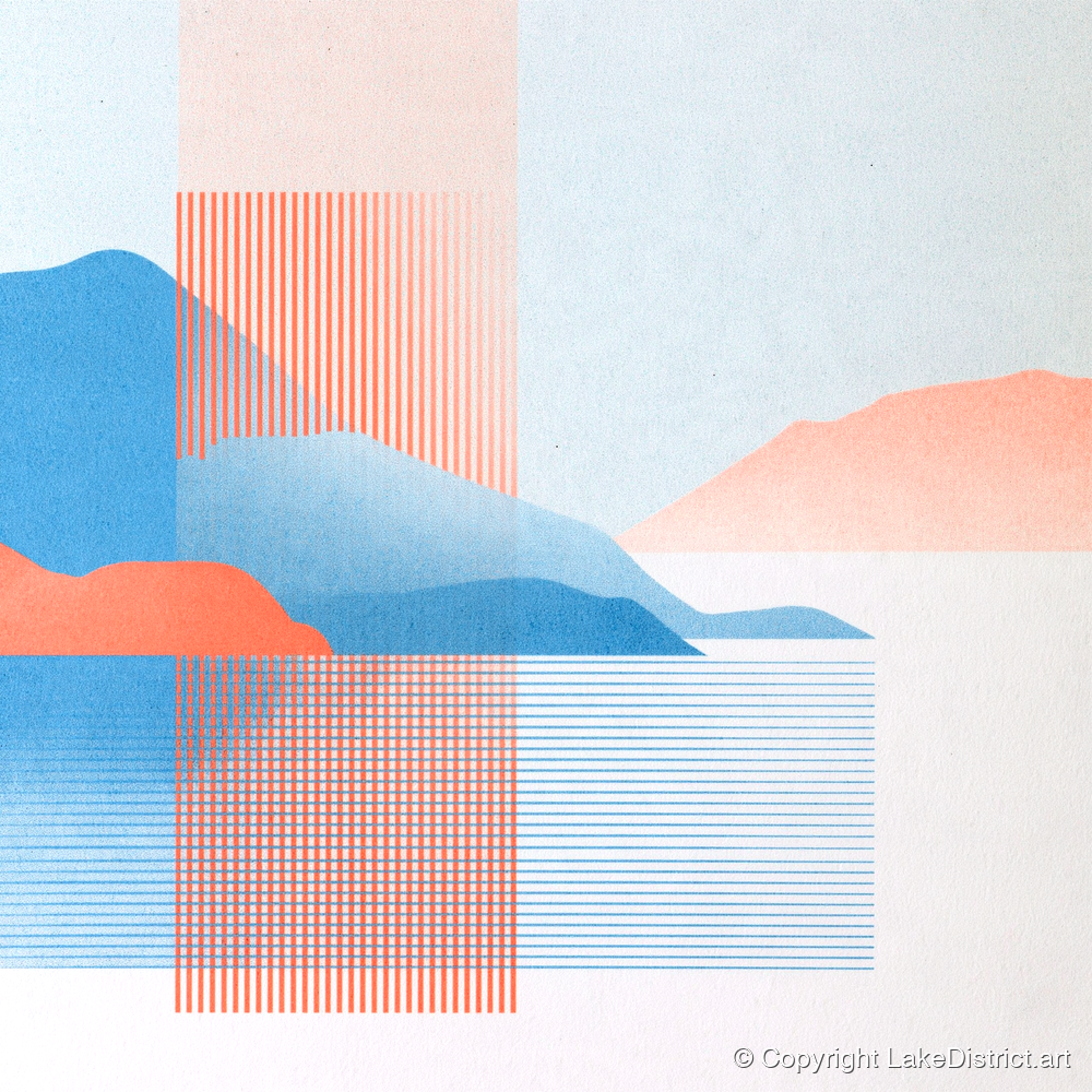 Derwentwater Fells Coral and Blue - lake district lake art print and canvas by Elliot Reid A.I