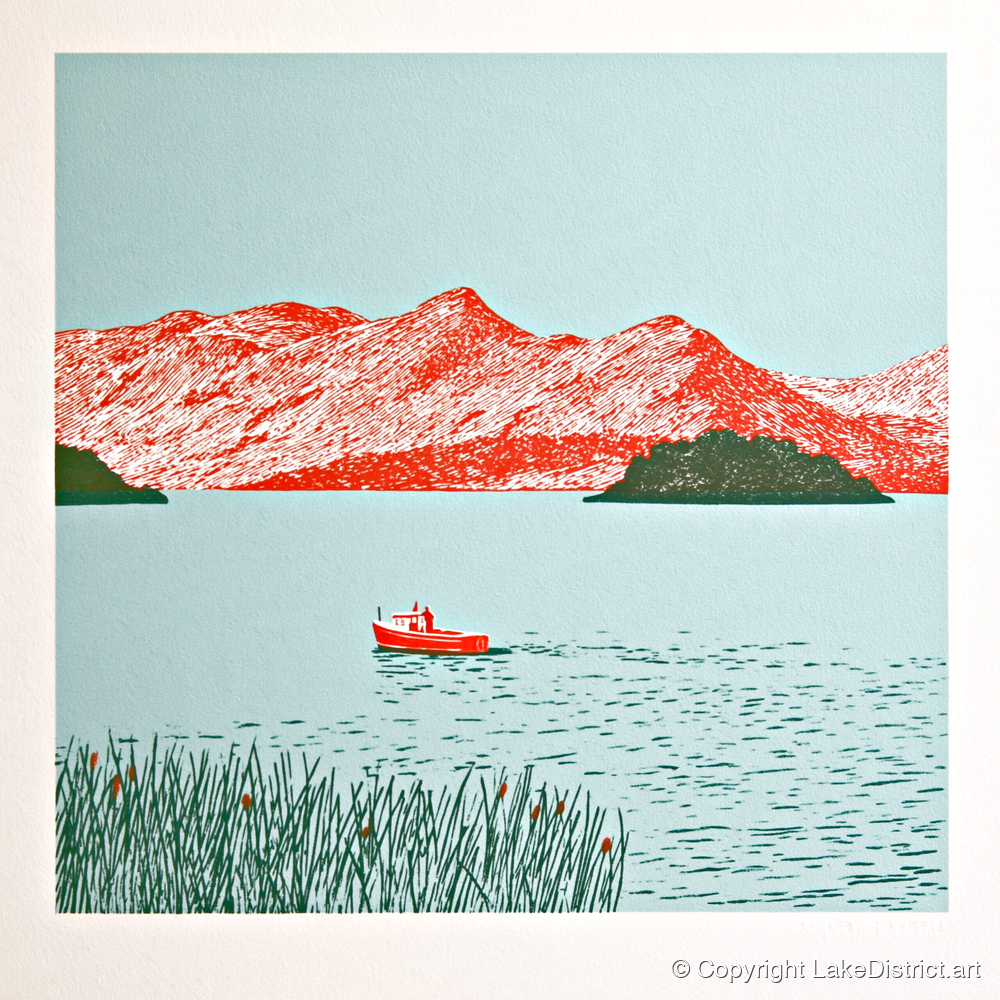Derwentwater Fells in Vivid Red - lake district lake art print and canvas by Edward Loxley A.I