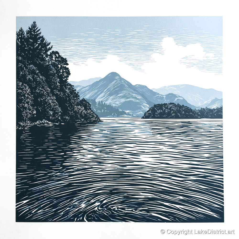 Derwentwater in Slate and Navy - lake district lake art print and canvas by Alfred Morland A.I