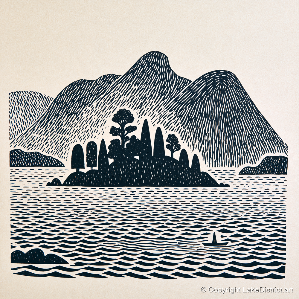 Derwentwater Island in Deep Navy - lake district lake art print and canvas by Reuben Shaw A.I