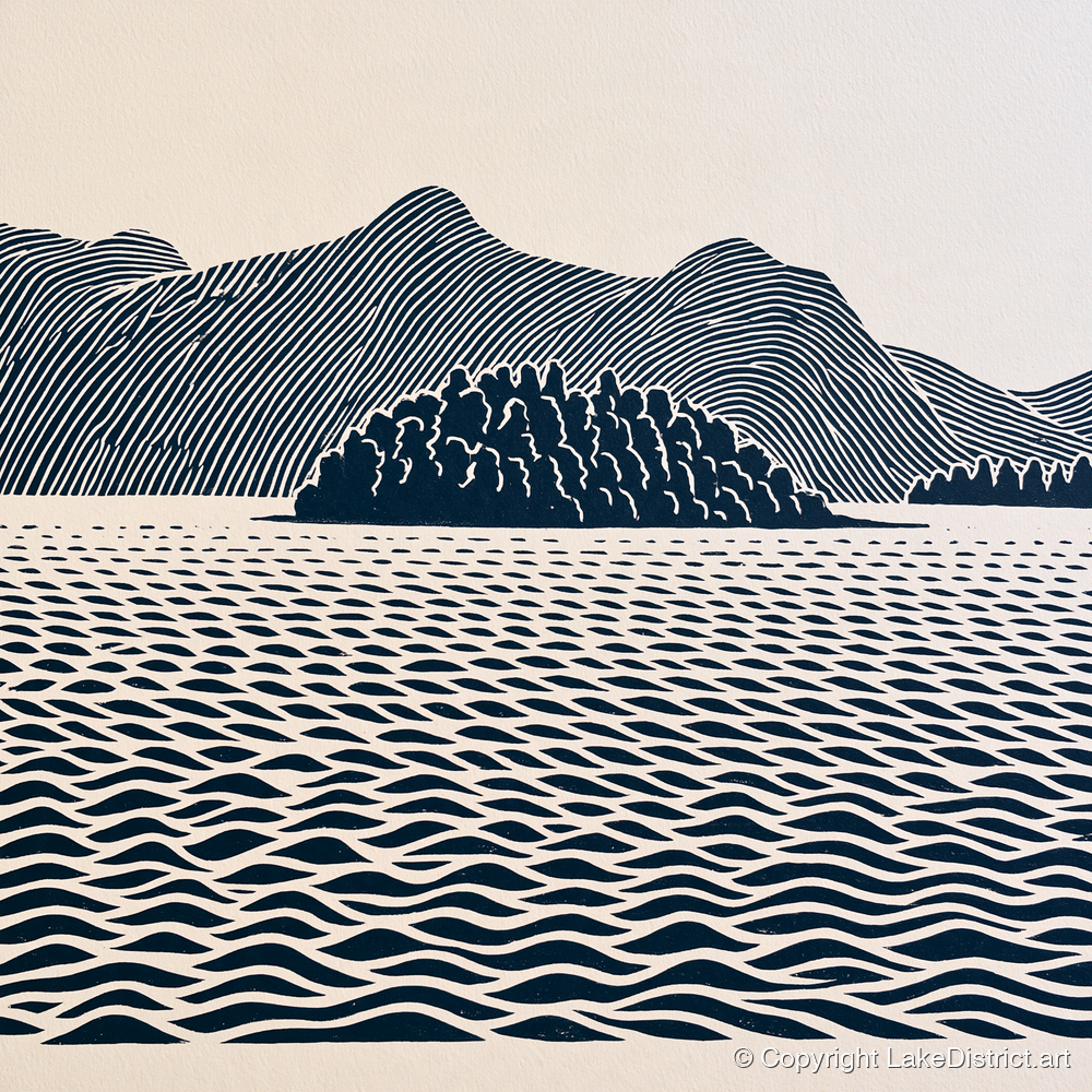 Derwentwater Island in Inky Blue - lake district lake art print and canvas by Reuben Shaw A.I