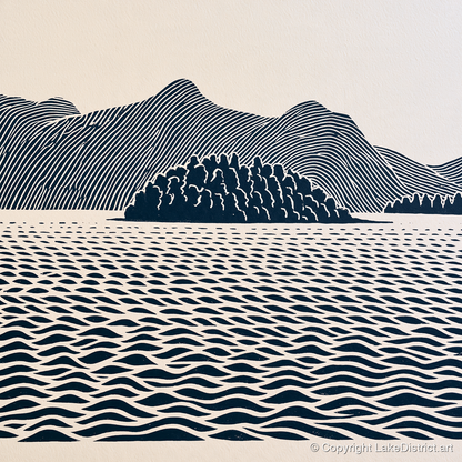 Derwentwater Island in Inky Blue - lake district lake art print and canvas by Reuben Shaw A.I