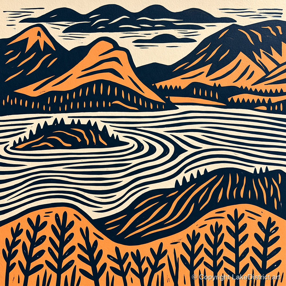 Derwentwater Island in Orange and Navy - lake district lake art print and canvas by Leon Baxter A.I
