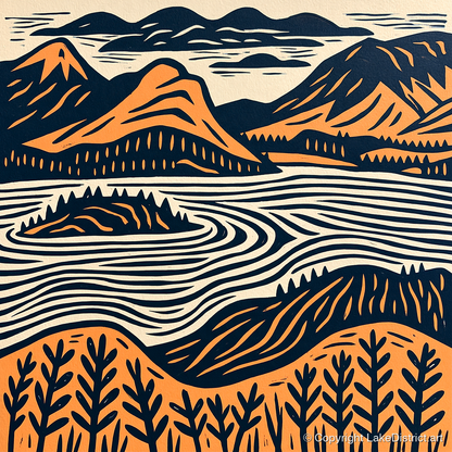 Derwentwater Island in Orange and Navy - lake district lake art print and canvas by Leon Baxter A.I