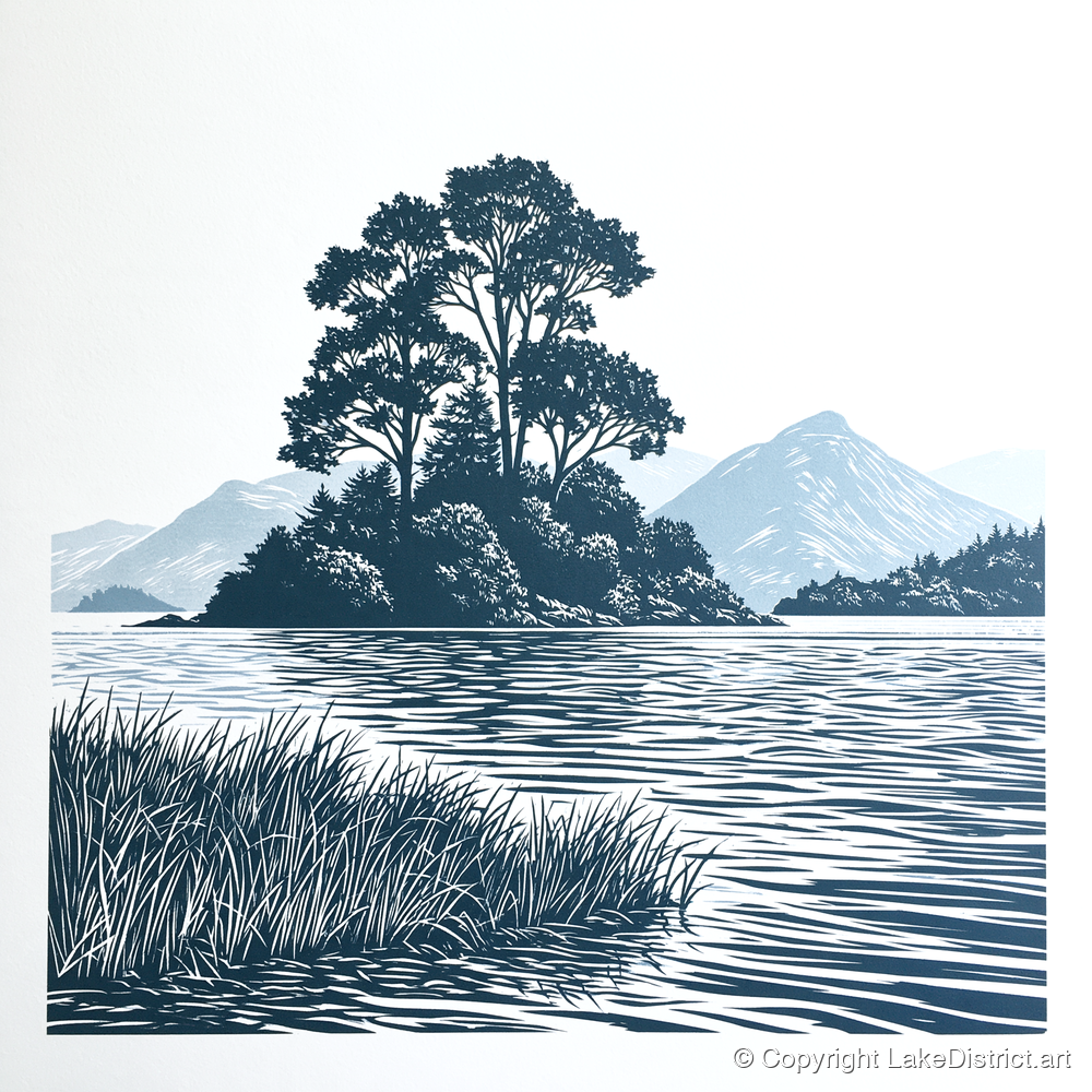 Derwentwater Island in Slate Blue - lake district lake art print and canvas by Alfred Morland A.I