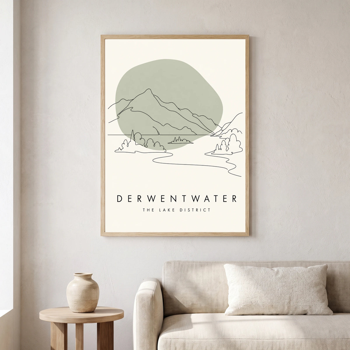 Derwentwater travel poster in a natural frame, hanging in a living