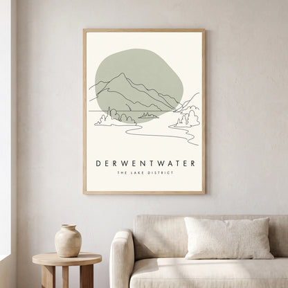 Derwentwater travel poster in a natural frame, hanging in a living