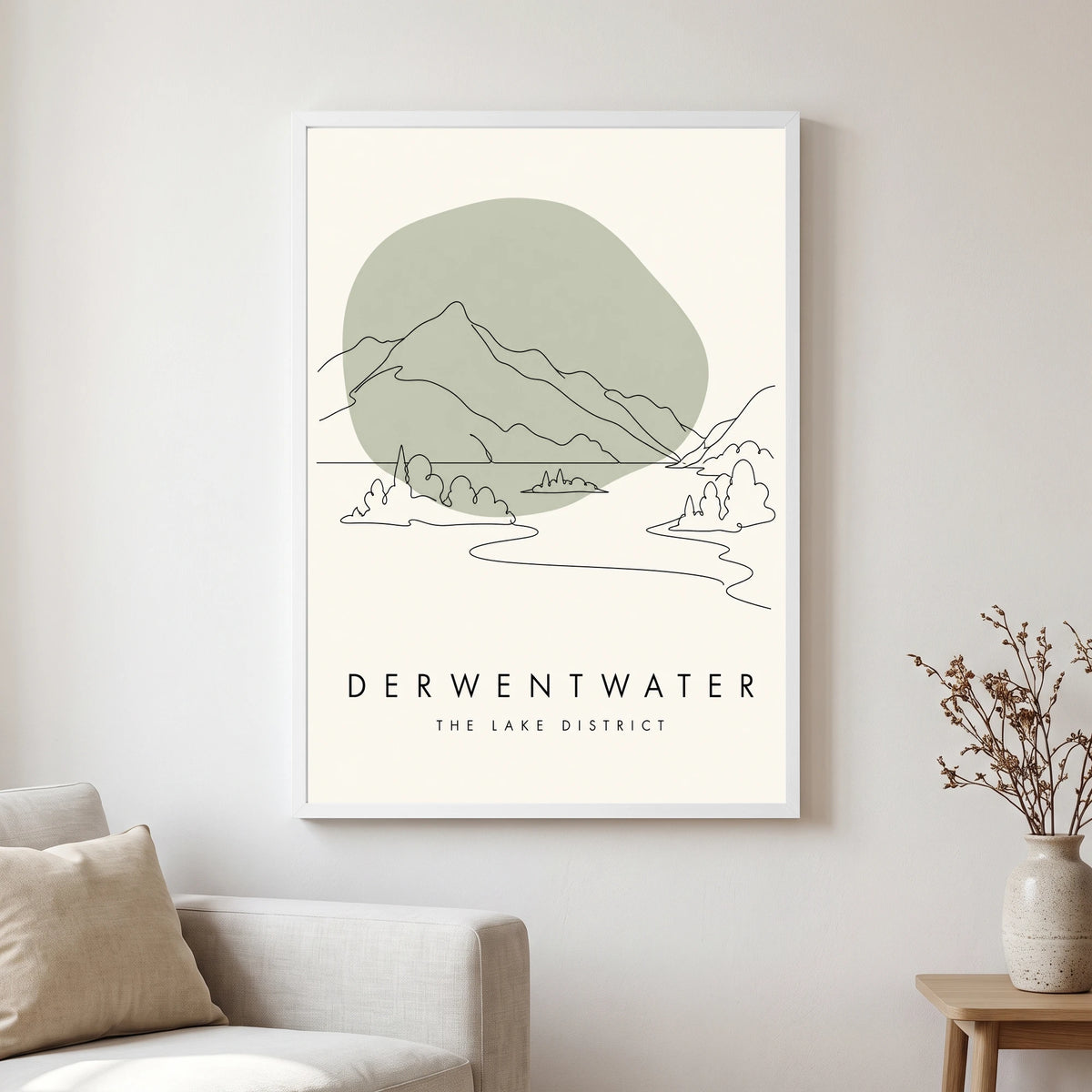 Derwentwater travel poster in a white frame, hanging in a living2