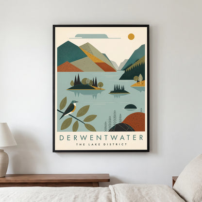 Derwentwater travel poster in a black frame, hanging in a bedroom3