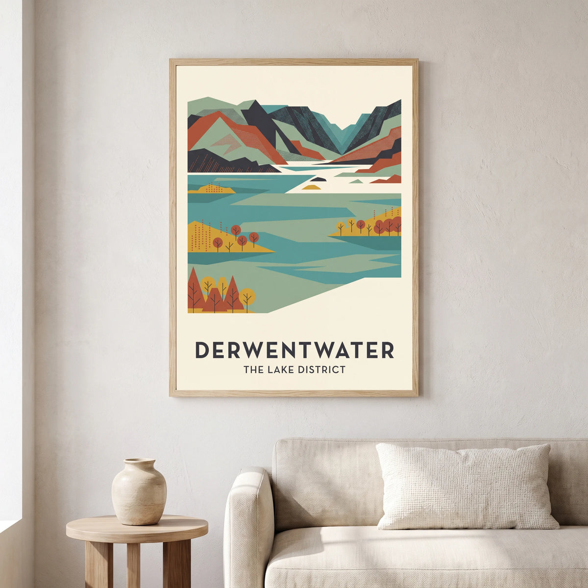 Derwentwater travel poster in a natural frame, hanging in a living
