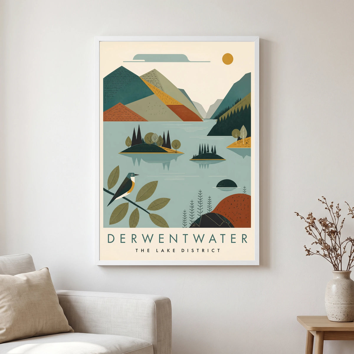 Derwentwater travel poster in a white frame, hanging in a living2