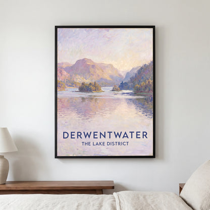 Derwentwater travel poster in a black frame, hanging in a bedroom3