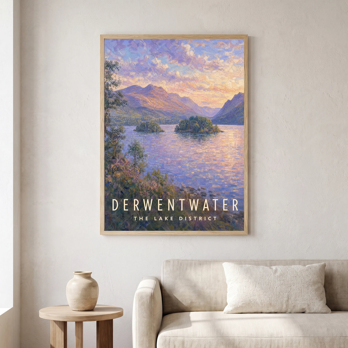 Derwentwater travel poster in a natural frame, hanging in a living
