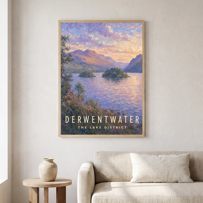 Derwentwater travel poster in a natural frame, hanging in a living