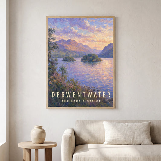 Derwentwater travel poster in a natural frame, hanging in a living