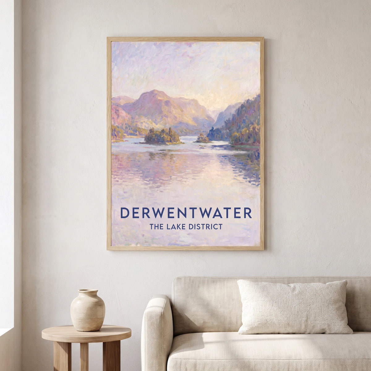 Derwentwater travel poster in a natural frame, hanging in a living