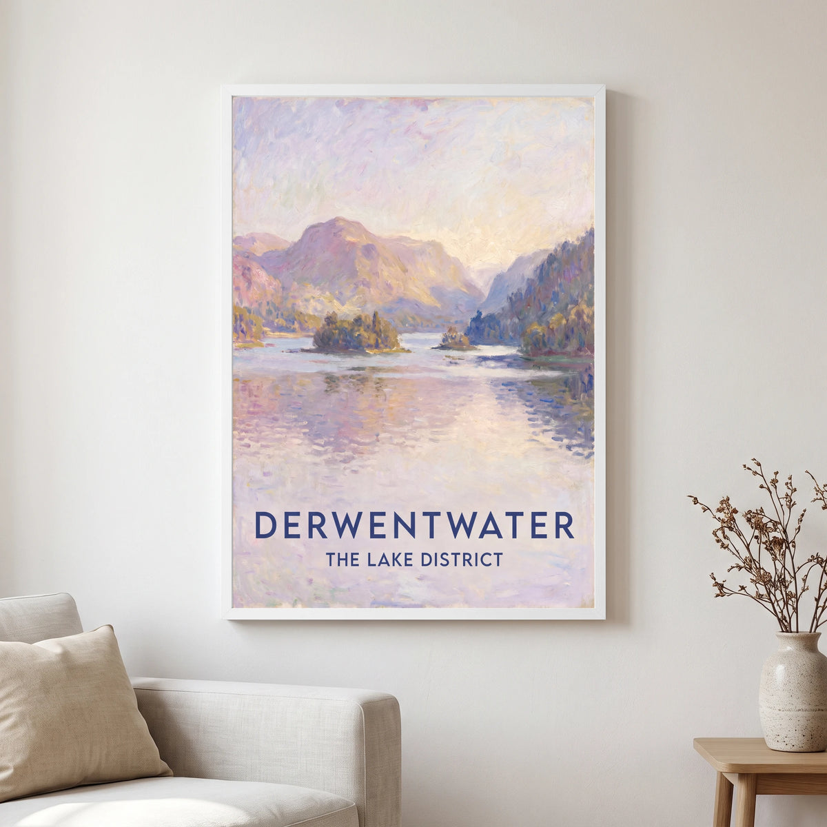 Derwentwater travel poster in a white frame, hanging in a living2