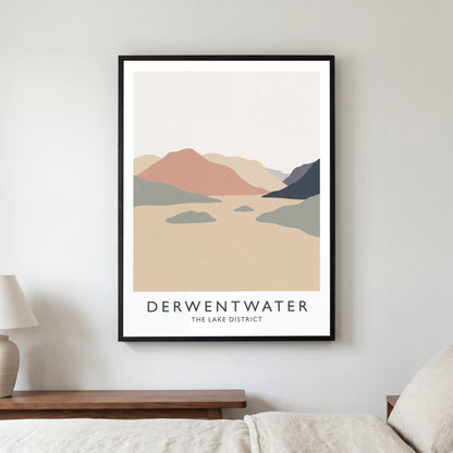 Derwentwater travel poster in a black frame, hanging in a bedroom3