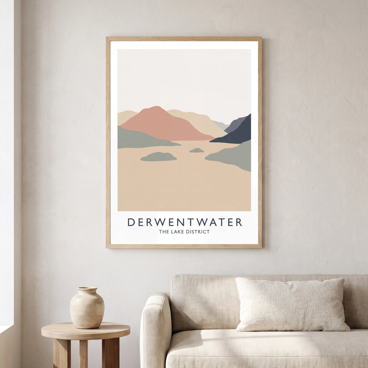 Derwentwater travel poster in a natural frame, hanging in a living