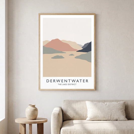 Derwentwater travel poster in a natural frame, hanging in a living