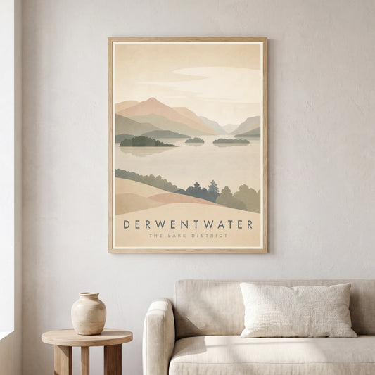 Derwentwater travel poster in a natural frame, hanging in a living