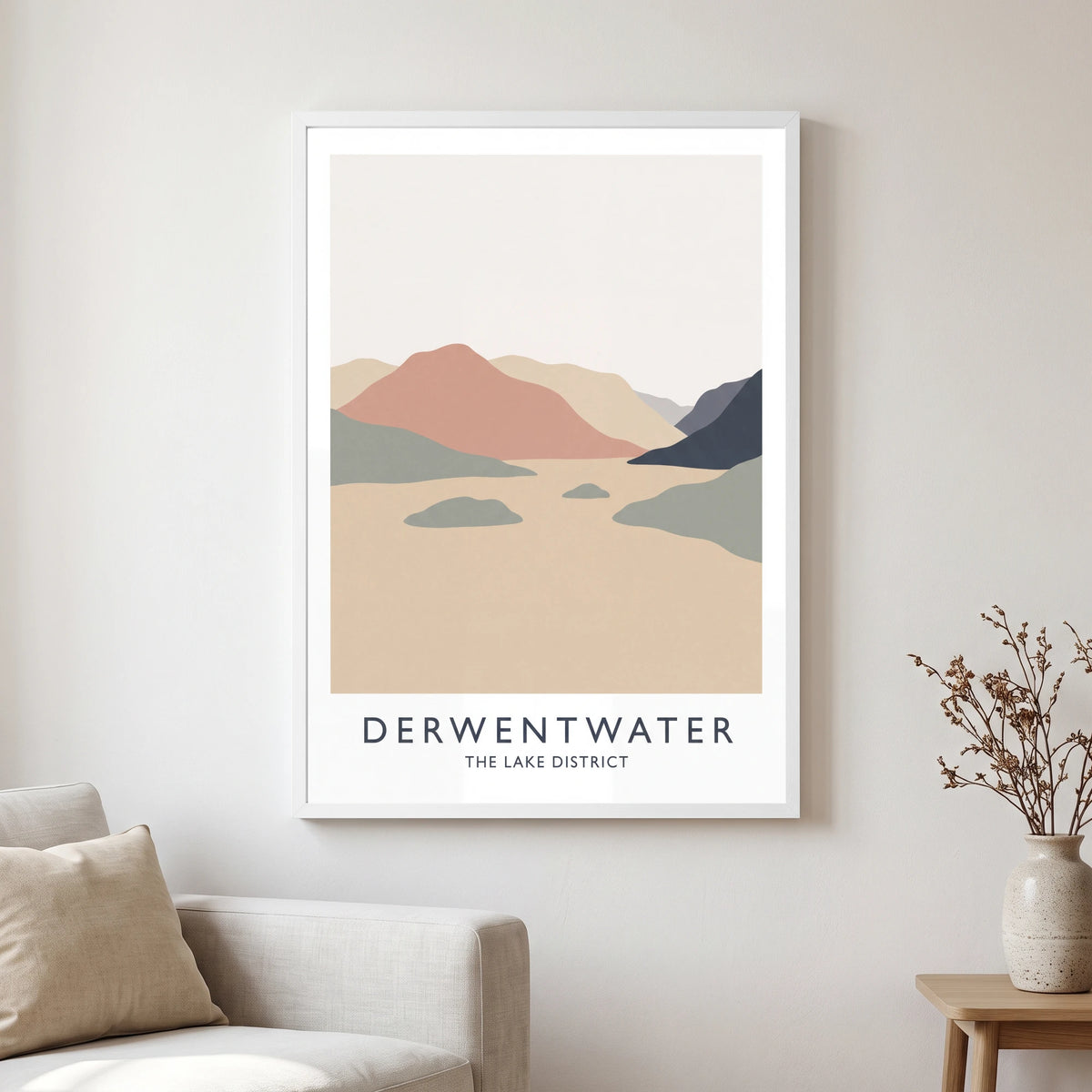 Derwentwater travel poster in a white frame, hanging in a living2
