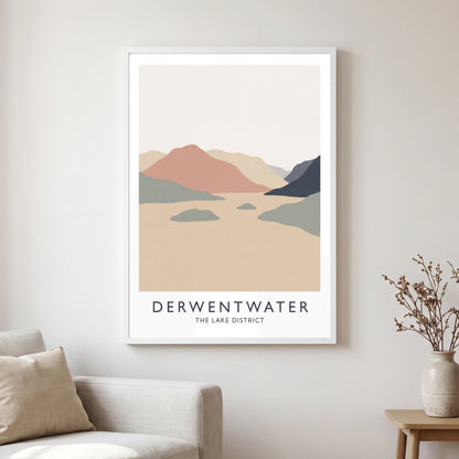 Derwentwater travel poster in a white frame, hanging in a living2