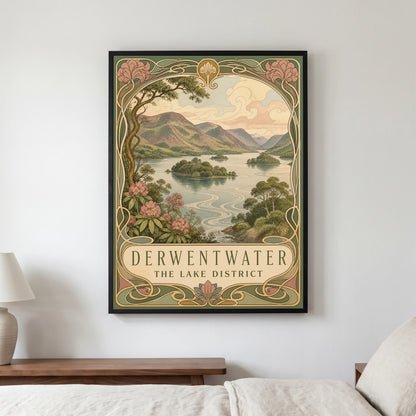 Derwentwater travel poster in a black frame, hanging in a bedroom3
